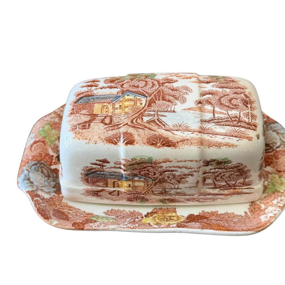 Vintage Nasco Mountain Woodland Butter Dish with Lid Brown Transferware Japan